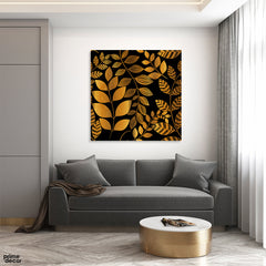 Beautiful Abstract Gold Leaves Over Black Background (Single Panel) Floral Wall Art