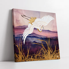 Majestic Japanese Flying Crane With Golden Accents (Single Panel) Digital Painting Wall Art