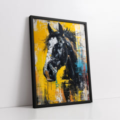 Energetic Black Horse With Yellow Accents Textured Style (Single Panel) Digital Painting Wall Art