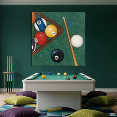 Classic Billiards Rack of Colorful Pool Balls & Cue Stick (Single Panel) Digital Painting Wall Art