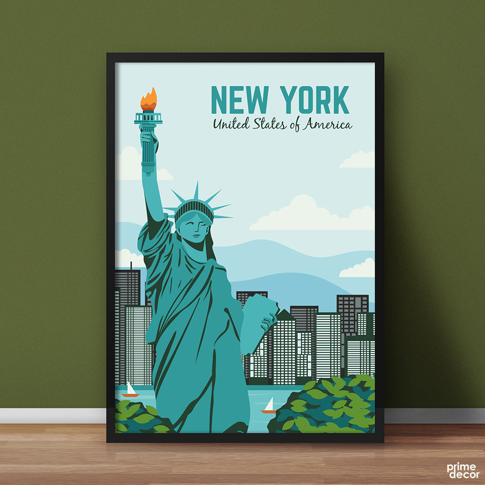 New York USA Statue Of Liberty Minimal Illustration | Travel Poster Wall Art - Prime Décor