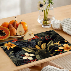 Peach & Gold Tropical Flowers On Black Background | Table Runner and Placemat Set