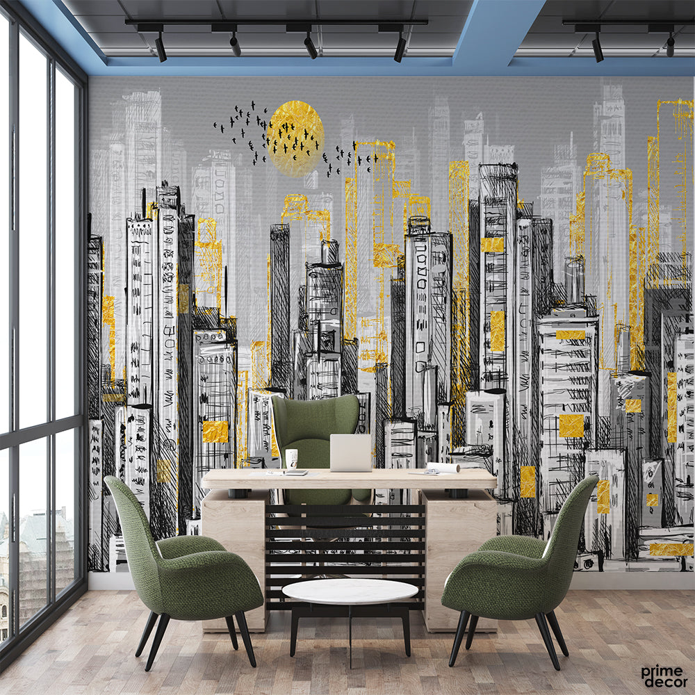 Sunset City Bird | Architecture Wallpaper Mural - Prime Décor