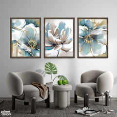 Abstract Blue & White Floral Artwork Over White Background (3 Panel) Nature Wall Art
