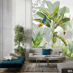 Beautiful Exotic Leaves With Colorful Parrots | Floral Wallpaper Mural