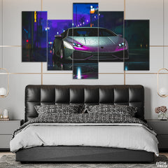 Beautiful Car On Road In A Rainy Night (5 Panel) Car Wall Art - Prime Décor