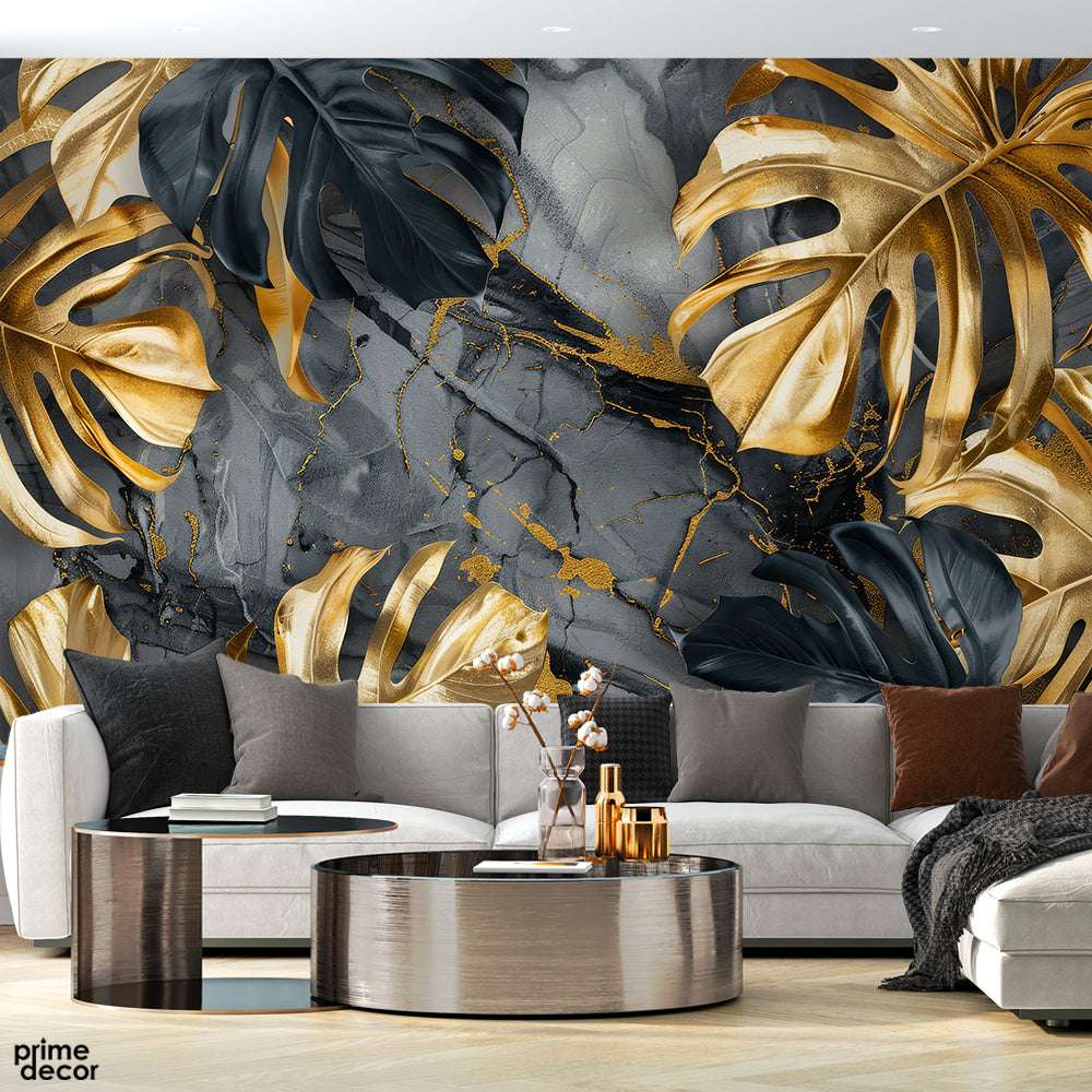 Black & Gold Exotic Leaves Over Marble Style Background | Floral Wallpaper Mural