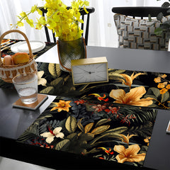 Peach & Gold Tropical Flowers On Black Background | Table Runner and Placemat Set