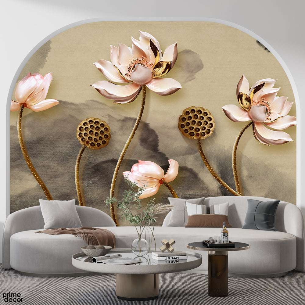 Beautiful Pink Flowers Over Brown Background | Floral Wallpaper Mural