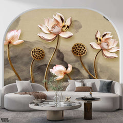 Beautiful Pink Flowers Over Brown Background | Floral Wallpaper Mural