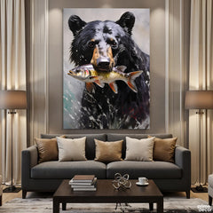 Grizzly Bear with Salmon Trout Impasto Style (Single Panel) Digital Painting Wall Art