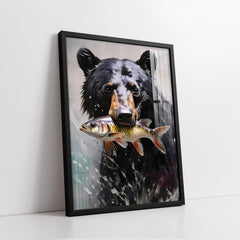Grizzly Bear with Salmon Trout Impasto Style (Single Panel) Digital Painting Wall Art