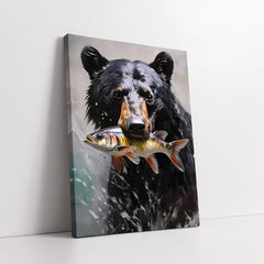 Grizzly Bear with Salmon Trout Impasto Style (Single Panel) Digital Painting Wall Art