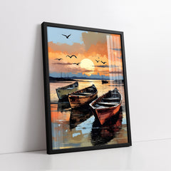 Sunset Harbor Rowboats Impasto Style (Single Panel) Digital Painting Wall Art