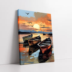 Sunset Harbor Rowboats Impasto Style (Single Panel) Digital Painting Wall Art