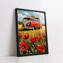 Vintage Red Camper Van in Poppy Field (Single Panel) Digital Painting Wall Art