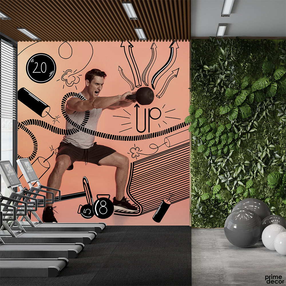 Man Lifting Gym Weights With Handdrawn Style Background | Gym Wallpaper Mural - Prime Décor