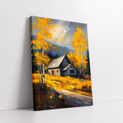 Rustic Mountain Cottage with Yellow Birch Trees (Single Panel) Digital Painting Wall Art
