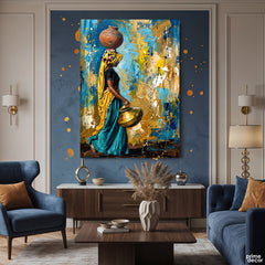 Traditional Village Woman with Water Pots Impasto Style (Single Panel) Digital Painting Wall Art