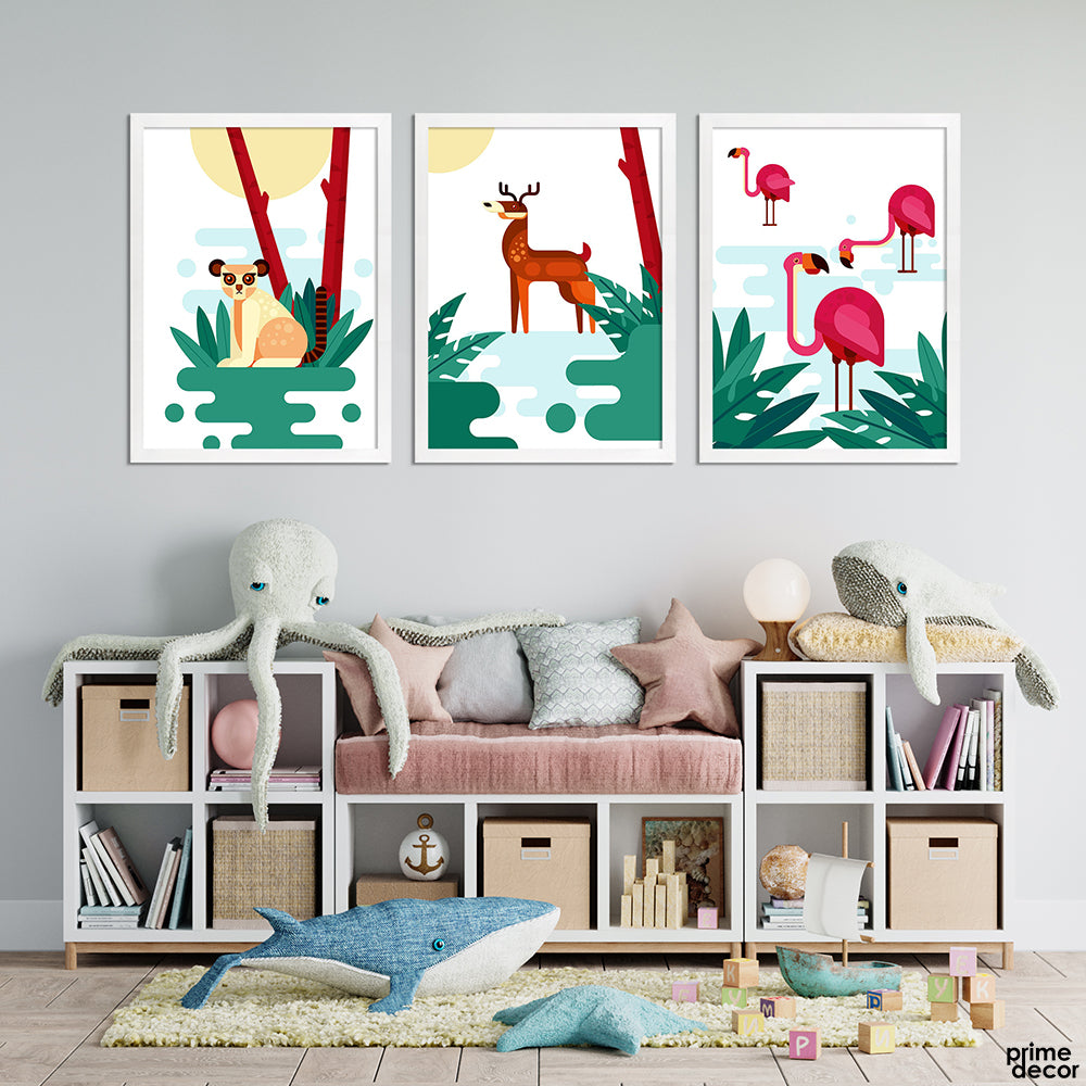 Deer & Flamingos Geometric Style (3 Panel) Nursery Wall Art - Prime Décor