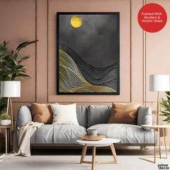 Black & Gold Line Waves With Golden Moon | Abstract Office Artwork #0042 - Prime Décor