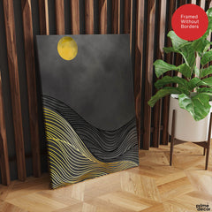 Black & Gold Line Waves With Golden Moon | Abstract Office Artwork #0042 - Prime Décor