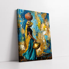 Traditional Village Woman with Water Pots Impasto Style (Single Panel) Digital Painting Wall Art
