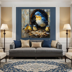 Nesting Bluebirds with Fledglings Heavy Texture (Single Panel) Digital Painting Wall Art