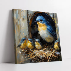 Nesting Bluebirds with Fledglings Heavy Texture (Single Panel) Digital Painting Wall Art