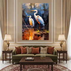 Serene Marshland Herons with Golden Water Reflection (Single Panel) Digital Painting Wall Art