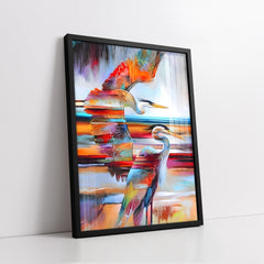 Stylized Majestic Heron Pair in Multi-Color Expressionism (Single Panel) Digital Painting Wall Art