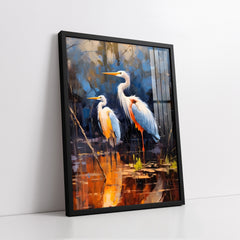 Serene Marshland Herons with Golden Water Reflection (Single Panel) Digital Painting Wall Art