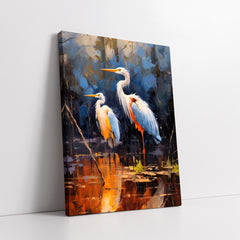 Serene Marshland Herons with Golden Water Reflection (Single Panel) Digital Painting Wall Art