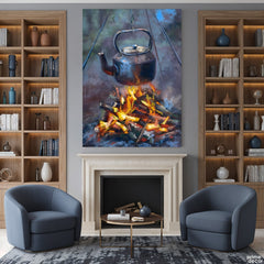 Rustic Campfire Kettle Impressionist Style Still Life (Single Panel) Digital Painting Wall Art