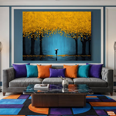 Atmospheric Blue Rain Silhouette in Golden Forest (Single Panel) Digital Painting Wall Art