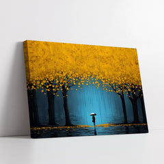 Atmospheric Blue Rain Silhouette in Golden Forest (Single Panel) Digital Painting Wall Art
