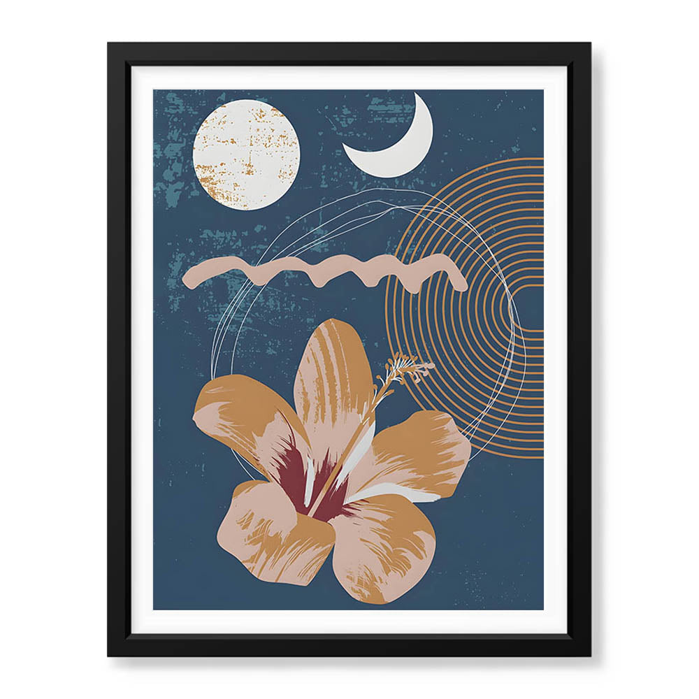 Gold & Red Abstract Floral Design With Gold Lines Over Blue Background | Abstract Floral Artwork #00438 - Prime Décor