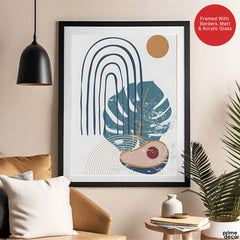 Blue & Green Abstract Floral Design With Brown Moon Over White Background | Abstract Floral Artwork #00439 - Prime Décor