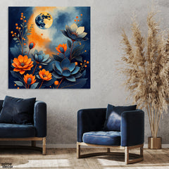 Beautiful Orange & Blue Flowers In Moon Light (Single Panel) Nature Square Wall Art