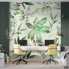 Dusty Green Watercolor Flowers And Leaves | Floral Wallpaper Mural - Prime Décor