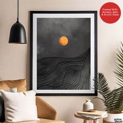 Black & Gold Line Waves With Orange Moon | Abstract Office Artwork #0043 - Prime Décor