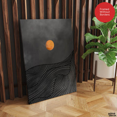 Black & Gold Line Waves With Orange Moon | Abstract Office Artwork #0043 - Prime Décor