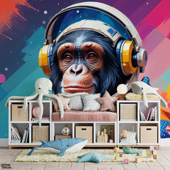 Abstract Artwork Of Chimpanzee With Headphones Over Colorful Background | Kids Wallpaper Mural
