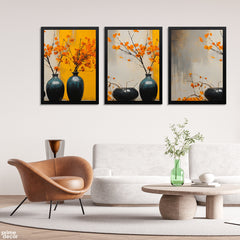 Rustic Orange Flowers In Space Blue Vases (3 Panel) Floral Wall Art - Prime Décor