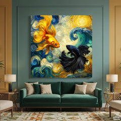 Contemporary Surging Ocean Swirls with Golden Fish (Single Panel) Digital Painting Wall Art