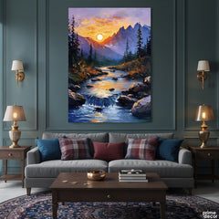 Majestic Alpine Landscape with Rushing Stream (Single Panel) Digital Painting Wall Art