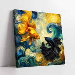 Contemporary Surging Ocean Swirls with Golden Fish (Single Panel) Digital Painting Wall Art