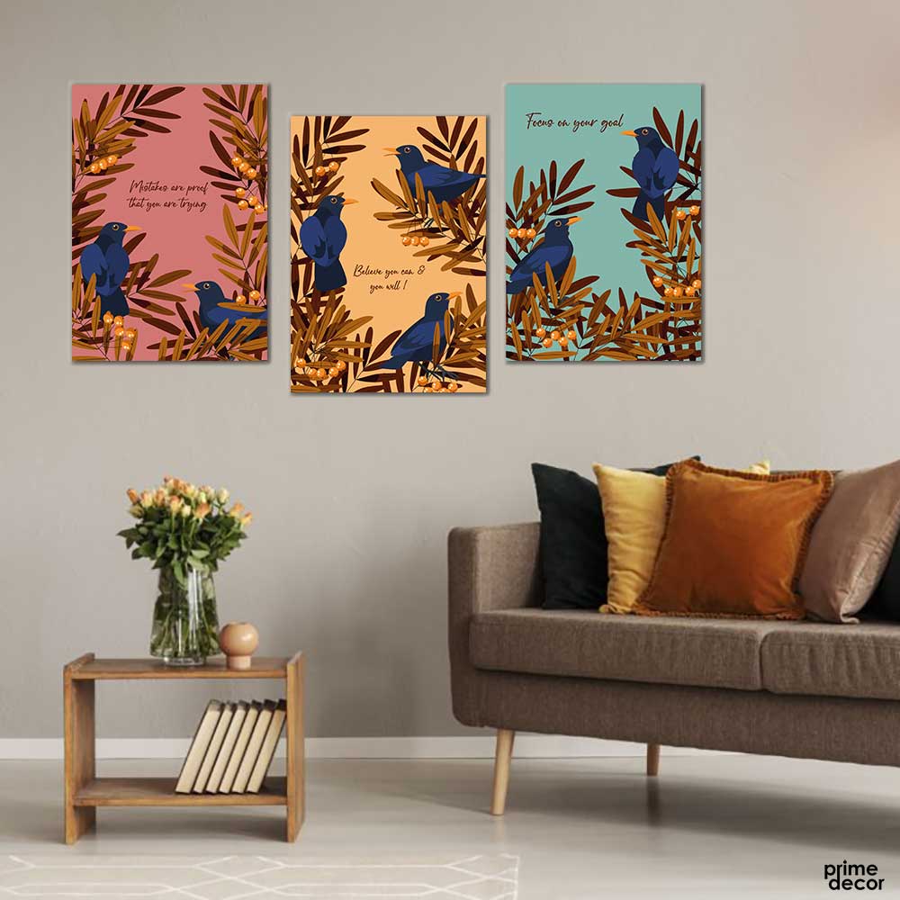 Motivational Qoutes on Tropical Leaves Vector (3 Panel) Wall Art - Prime Décor