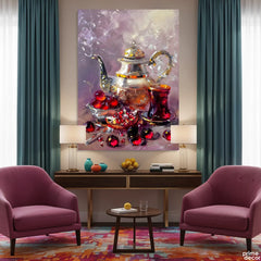 Elegant Silver Teapot and Ruby Red Tea (Single Panel) Digital Painting Wall Art