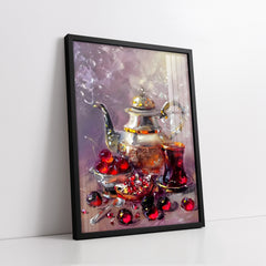 Elegant Silver Teapot and Ruby Red Tea (Single Panel) Digital Painting Wall Art